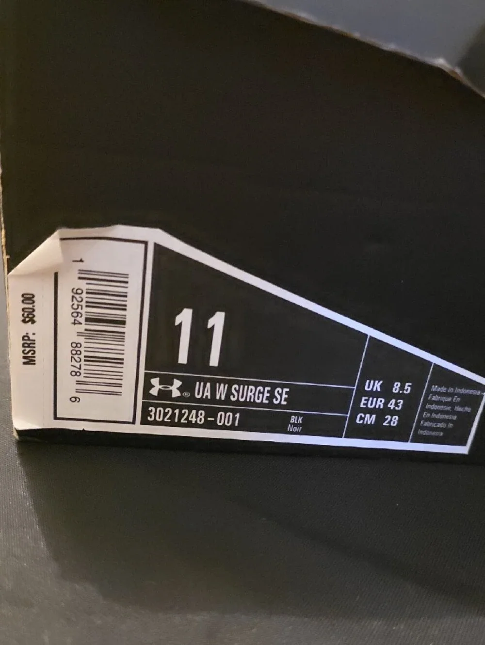 Under Armour Surge Womans Black and White Running Sneakers